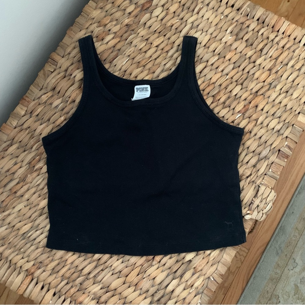 VS PINK Ribbed Black Crop Top with Shelf Bra